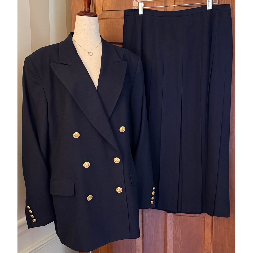 VTG Talbots Wool Skirt Set Women 18 Double-Breasted Blazer Gold Button Old Money